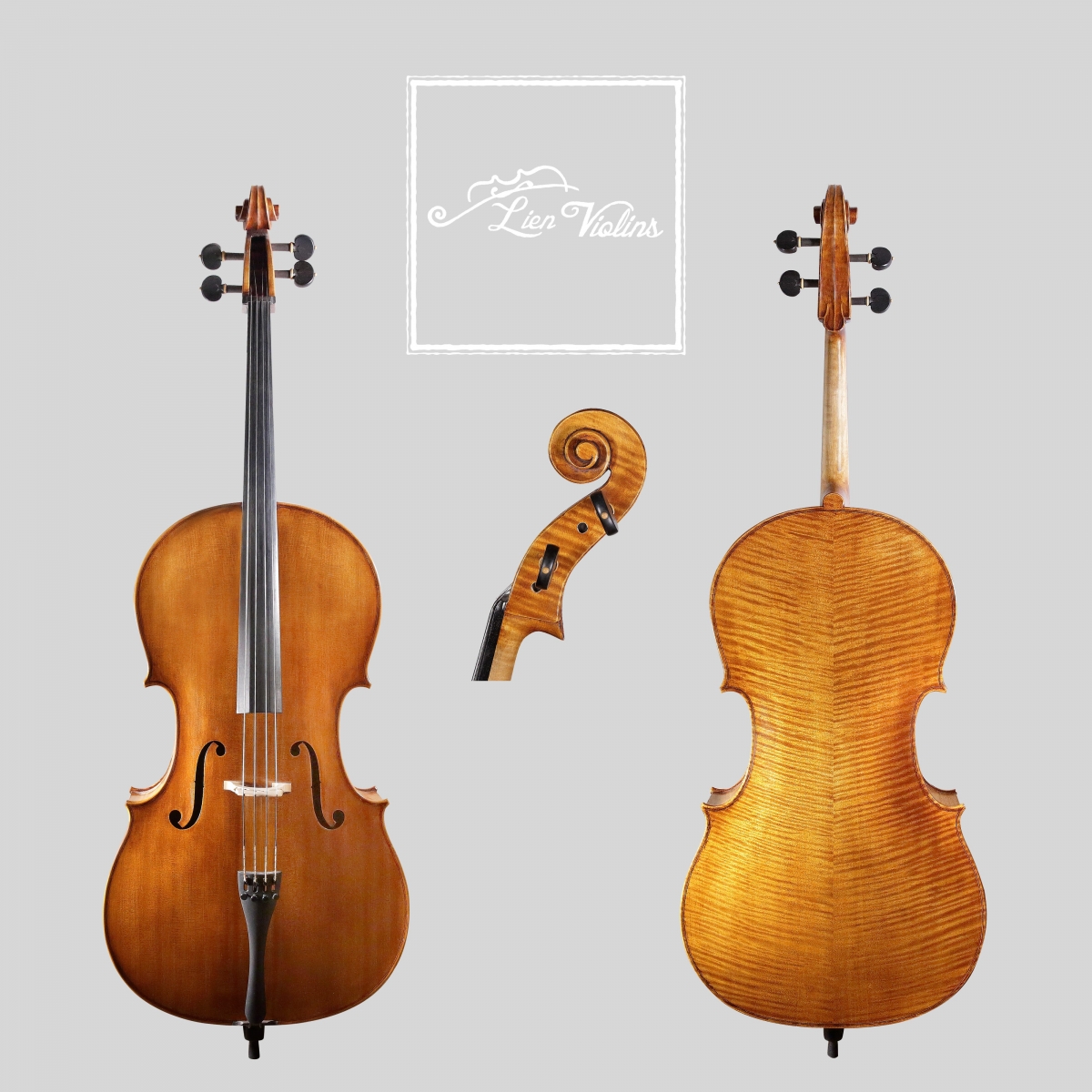Lien Violins Professional AA–Antiqued Finish cello Lien Violins Professional AA– Antiqued Finish cello, showing front, back and scroll views