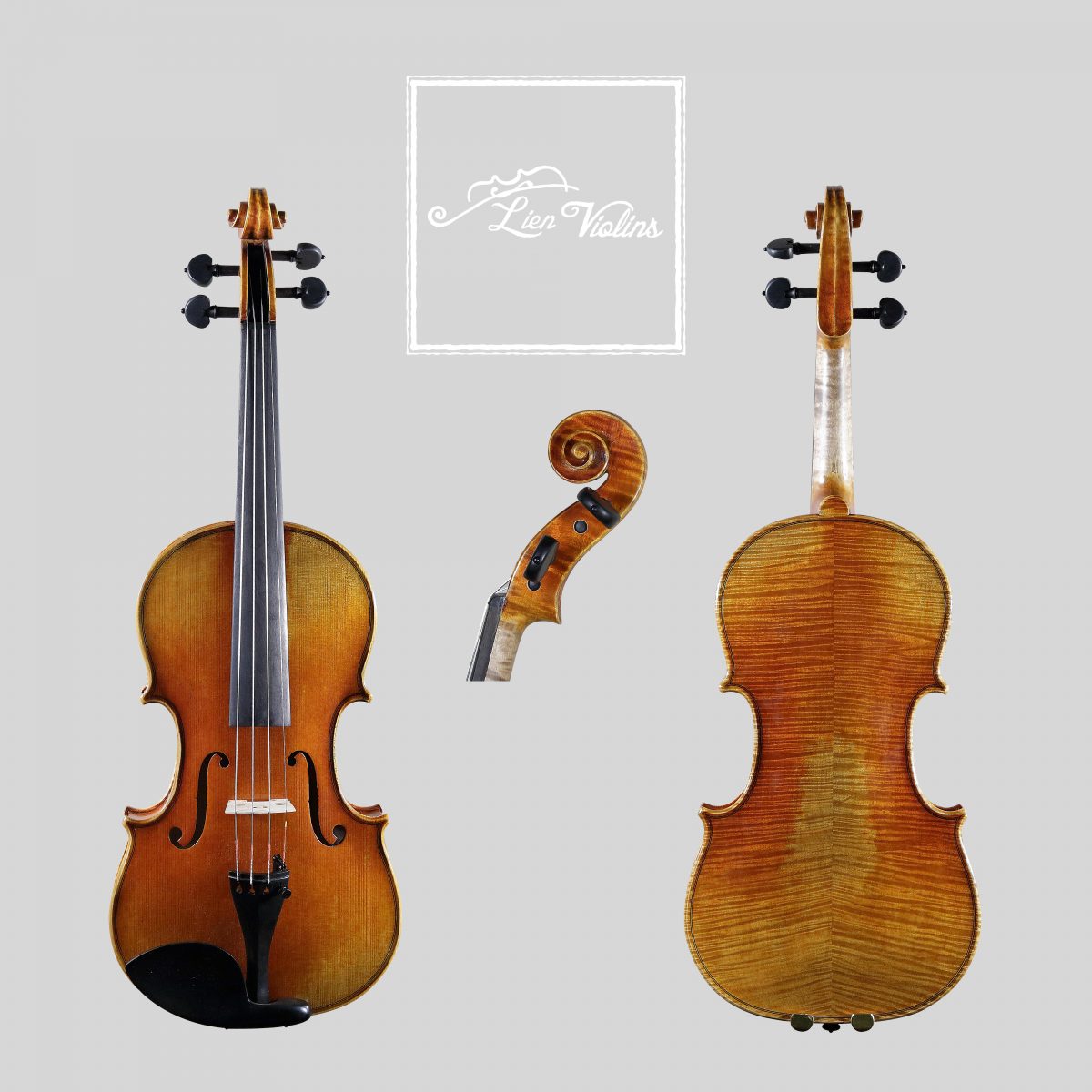 Lien Violins Professional AA–Antiqued Finish Violin & Viola Lien Violins Professional AA–Antiqued Finish violin, showing front, back and scroll views