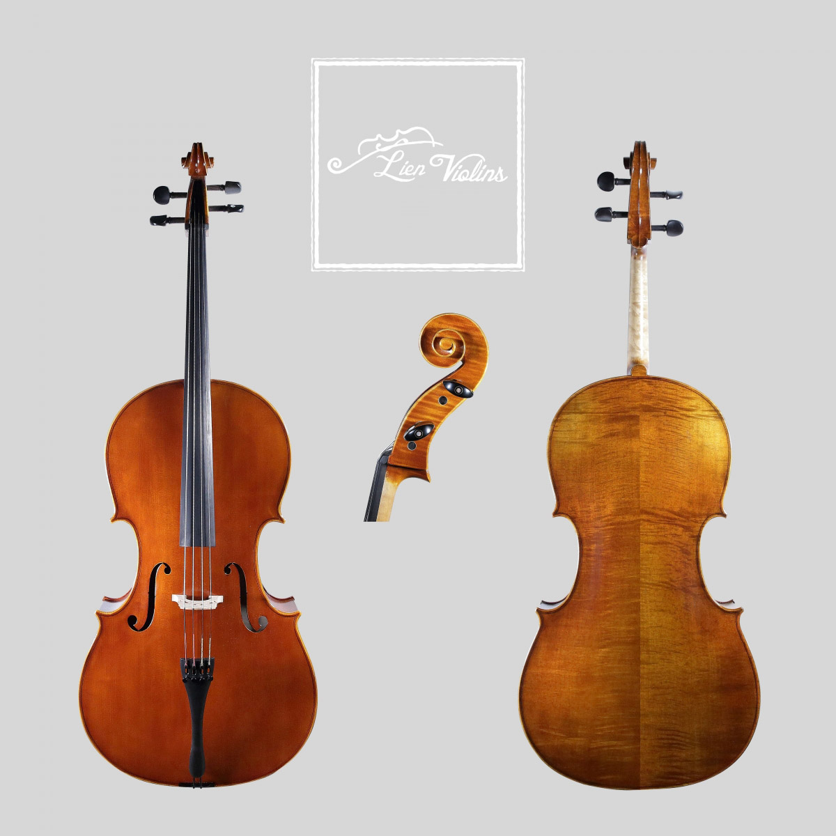 Lien Violins Professional D cello Lien Violins Professional D cello, showing front, back and scroll views