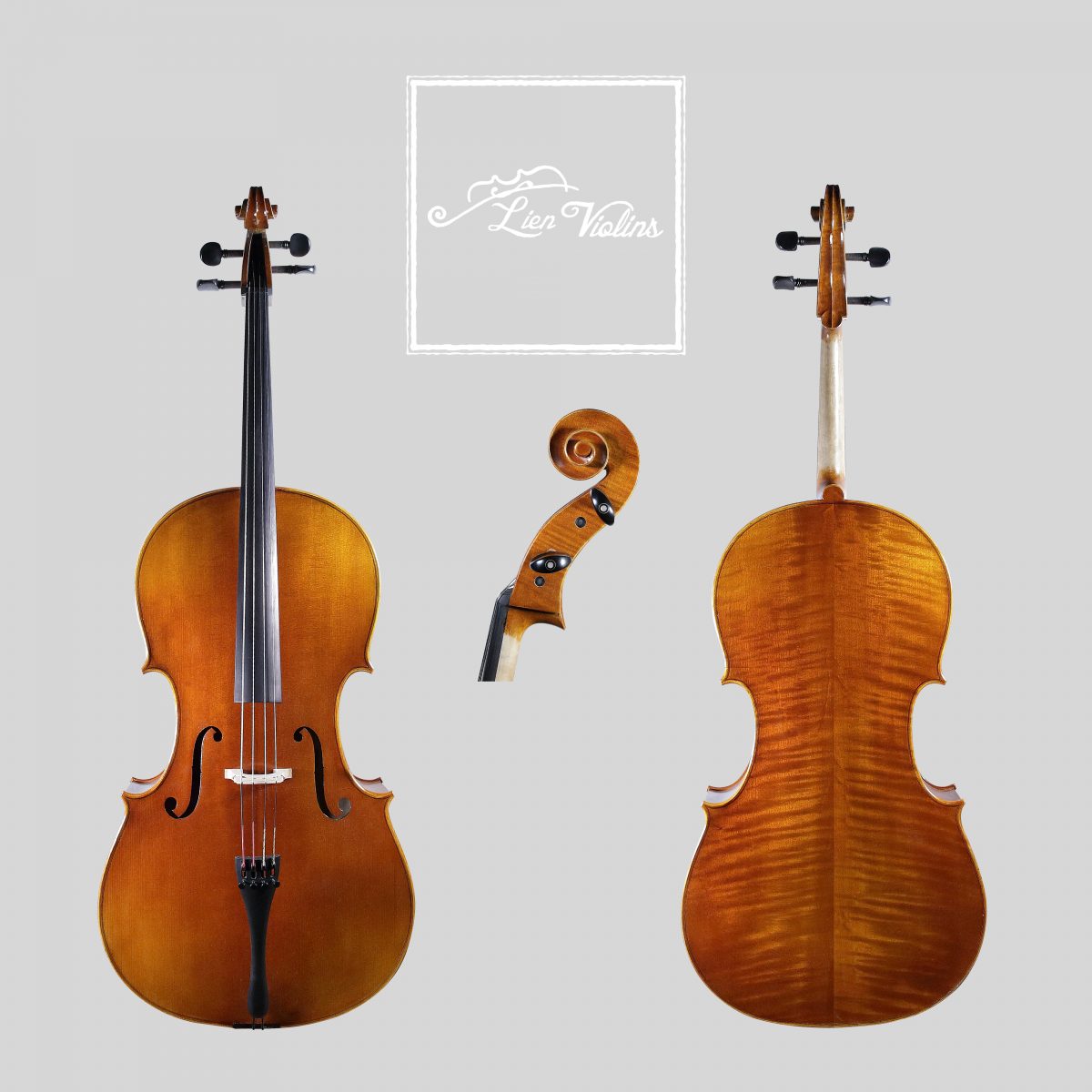 Lien Violins Professional C cello Lien Violins Professional C cello, showing front, back and scroll views