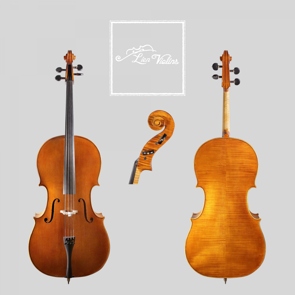 Lien Violins Professional A cello Lien Violins Professional A cello, showing front, back and scroll views