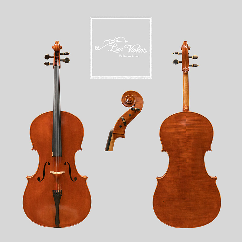 David Lien Workshop Concert cello, front, back and scroll views David Lien Workshop Concert cello, front, back and scroll views