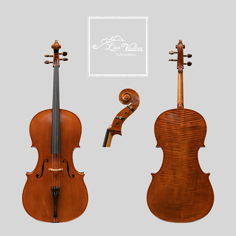 David Lien Workshop ConcertMaster cello, front, back and scroll views David Lien Workshop ConcertMaster cello, front, back and scroll views