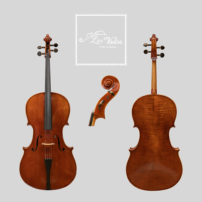 David Lien Workshop Orchestra cello, front, back and scroll views David Lien Workshop Orchestra cello, front, back and scroll views