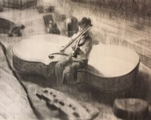 Charcoal drawing of a young David among oversized string instruments