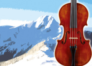 David Lien Workshop cello displayed against an Alpine mountain illustration
