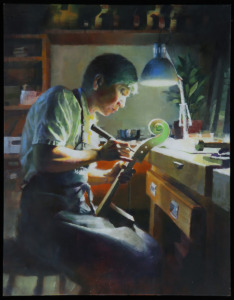 Painting of a luthier working on a cello at the David Lien Taiwan Workshop